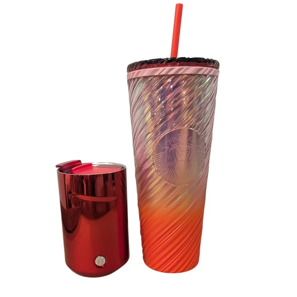 Starbucks Venti Iridescent Swirl Sunset Cold Cup & Metallic Red Tumbler Bundle